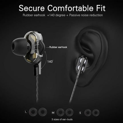 Langsdom Wired In Ear Headset With Comfort Fit For Commuting showing secure 140° angled rubber earhook and three earbud sizes