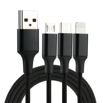 Multi-Connector Cable for Daily Device Charging Needs black braided 3-in-1 USB cable with USB-A, micro USB, USB-C and Lightning connectors