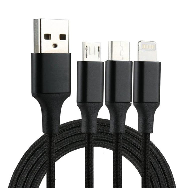 Multi-Connector Cable for Daily Device Charging Needs black braided 3-in-1 USB cable with USB-A, micro USB, USB-C and Lightning connectors