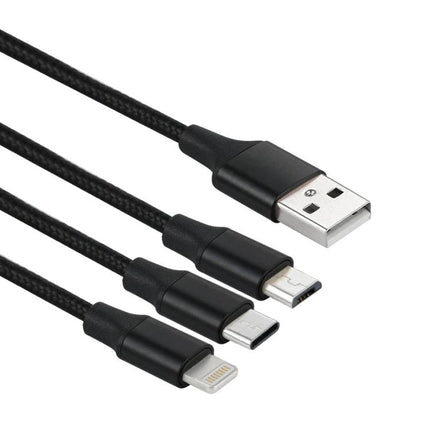 Multi-Connector Cable for Daily Device Charging Needs — black braided 3-in-1 cable with USB-A, USB-C, Micro-USB and Lightning connectors