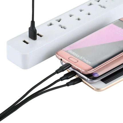 Multi-Connector Cable for Daily Device Charging Needs charging three phones simultaneously on a power strip to reduce cable clutter