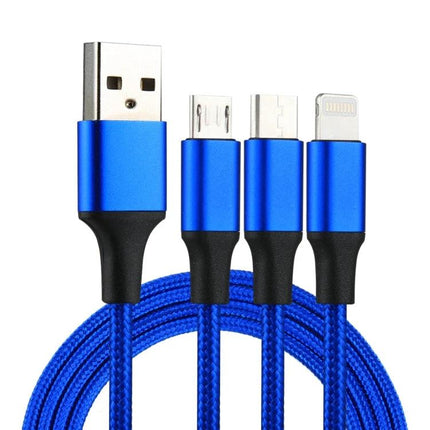 Multi-Connector Cable for Daily Device Charging Needs - blue braided 3-in-1 USB cable with USB-A, micro USB, USB-C and Lightning connectors