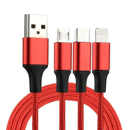 Multi-Connector Cable for Daily Device Charging Needs - red braided 3-in-1 USB to Micro USB, USB-C and Lightning cable