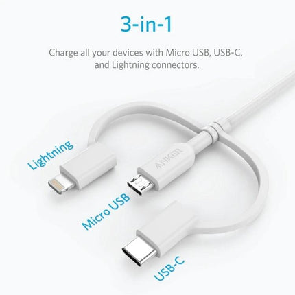 Anker Multi-Interface Cable for Everyday Device Charging Solutions white 3‑in‑1 cable with Lightning Micro USB and USB‑C connectors on desk