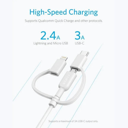 Anker Multi-Interface Cable for Everyday Device Charging Solutions showing three-in-one Lightning, Micro USB and USB-C high-speed charging cable