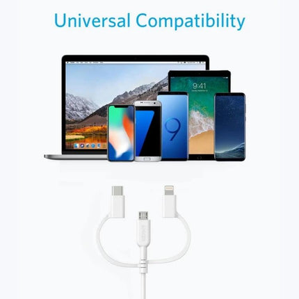 Anker Multi-Interface Cable for Everyday Device Charging Solutions showing three-in-one cable with USB-C, micro-USB and Lightning charging multiple devices