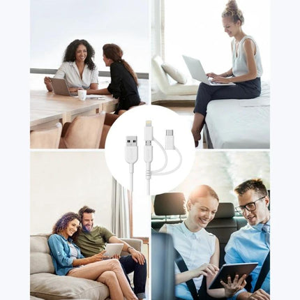 Anker Multi-Interface Cable for Everyday Device Charging Solutions — three-in-one charging cable used at desk, couch, bed, and in car