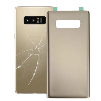Essential Back Cover Replacement for Samsung Galaxy Note 8 in Daily Life - gold replacement cover beside cracked Note 8 housing