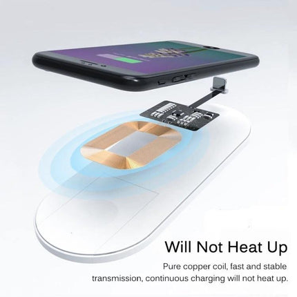 Essential Wireless Receiver for Daily Type-C Phone Charging compact wireless Type-C receiver on desk pad showing coil and phone, portable and tangle-free
