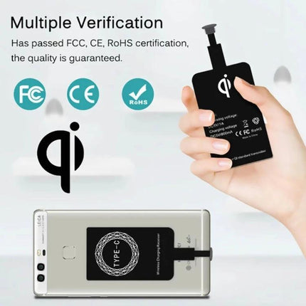 Essential Wireless Receiver for Daily Type-C Phone Charging - compact Qi receiver plugged into Type-C phone for wireless charging on desk or in car