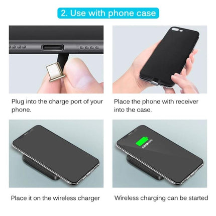 Essential Wireless Receiver for Daily Type-C Phone Charging shown plugged into phone, used with case and placed on wireless charger