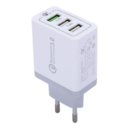 Wall Charger for Everyday Home and Travel Essentials - white 3-port USB wall charger with Qualcomm Quick Charge 3.0 for phones and tablets