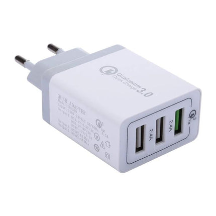Wall Charger for Everyday Home and Travel Essentials - white 3-port USB charger with Qualcomm Quick Charge 3.0