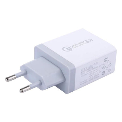 Wall Charger for Everyday Home and Travel Essentials — white compact 3-port USB Qualcomm 3.0 wall charger for phone and tablet