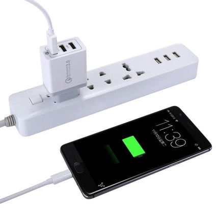 Wall Charger for Everyday Home and Travel Essentials showing three-USB wall charger powering a smartphone on a power strip