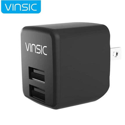 Vinsic Dual USB Wall Charger for Daily Device Needs black dual-port compact wall charger powering smartphone and tablet