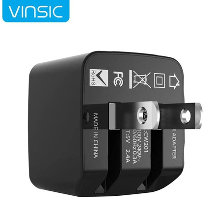 Vinsic Dual USB Wall Charger for Daily Device Needs compact black dual-port USB wall charger with foldable prongs