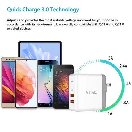 Reliable Charger for Keeping Devices Powered Daily at Home - white dual USB Vinsic wall charger with phones and Quick Charge 3.0 graphic