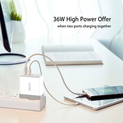 Reliable Charger for Keeping Devices Powered Daily at Home white dual-port 36W wall charger on desk charging phone and tablet
