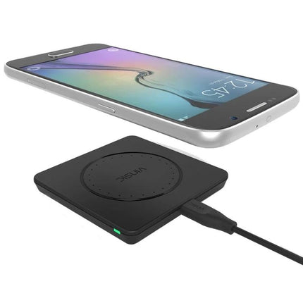 Keep your devices charged daily with the Vinsic Wireless Pad - slim black Qi wireless charging pad under smartphone for desk or bedside