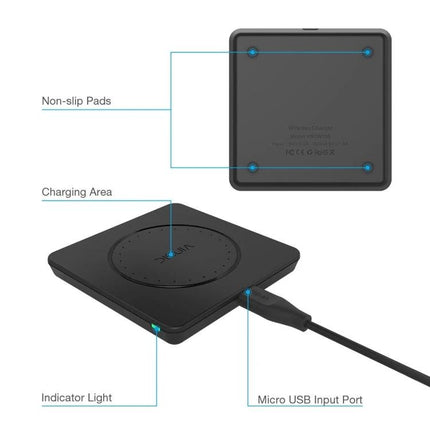 Keep your devices charged daily with the Vinsic Wireless Pad - black square wireless charging pad with non-slip pads, indicator light and micro-USB port