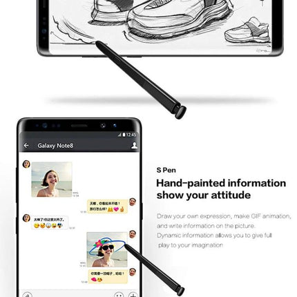 Stylus Pen for Samsung Galaxy Note 8 - For Writing and Noting shown with black S Pen sketching and annotating messages on Note 8 screen