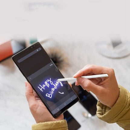 Samsung Galaxy Tab A 8.0 and 9.7 Stylus Pen for Note-Taking showing hands writing “Happy Birthday” on tablet screen with white stylus