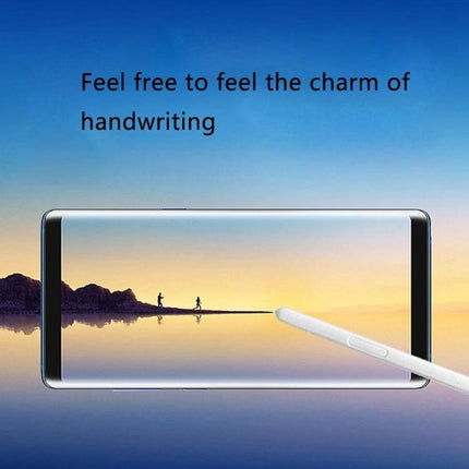 Samsung Galaxy Tab A 8.0 and 9.7 Stylus Pen for Note-Taking showing white stylus interacting with tablet screen and scenic handwriting-themed background