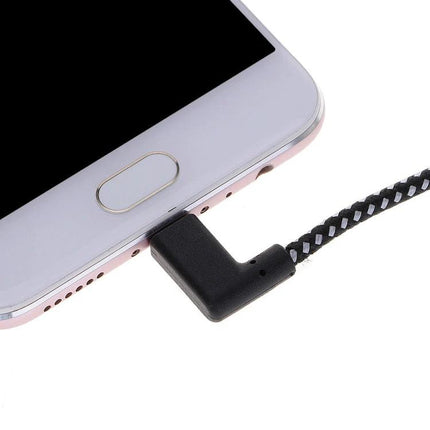 Daily USB-C Cable for Everyday Device Charging and Syncing – braided right-angle USB-C charging and data cable connected to smartphone