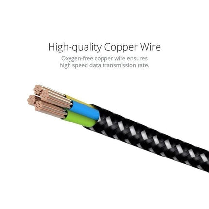 Short cable for daily phone charging and on-the-go connections showing braided USB-C cable with high-quality oxygen-free copper wires for fast charging and data transfer