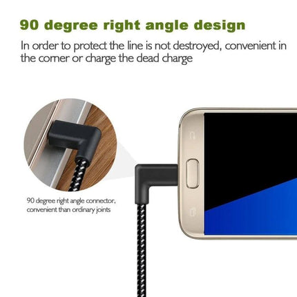 Short cable for daily phone charging and on-the-go connections - 90-degree right angle USB-C cable plugged into phone, tidy braided short cable for commuting