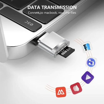USB-C Micro SD Card Reader for On-the-Go Data Transfer plugged into laptop for quick photo and video access from Micro SD card