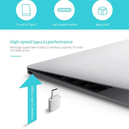 USB-C Micro SD Card Reader for On-the-Go Data Transfer shown next to a laptop USB-C port with arrow indicating plug-in connection
