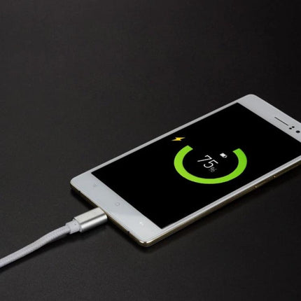 Travel USB Cable for Daily Smartphone Charging Needs showing a Micro USB cable charging a smartphone at 75% battery