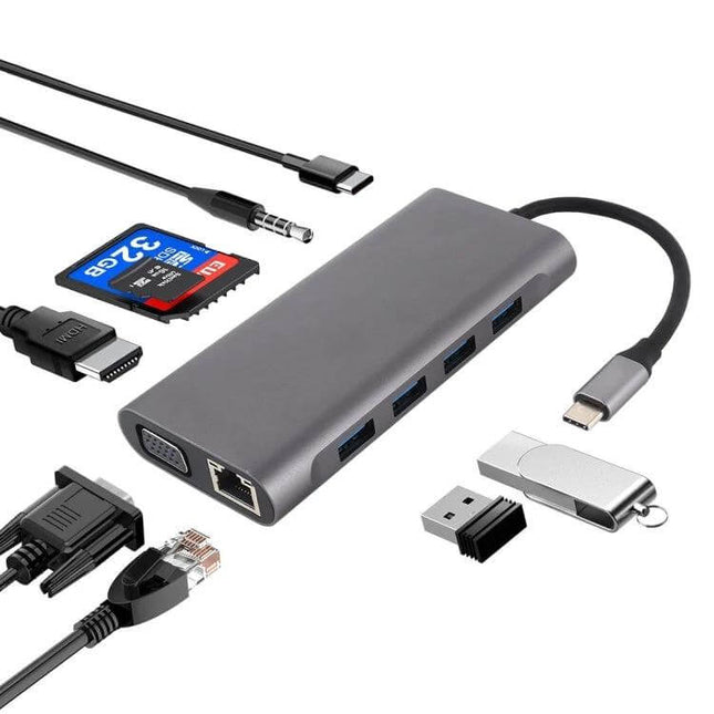 USB-C Hub with Multiple Ports for Device Connectivity Expansion showing hub with HDMI VGA Ethernet USB SD card and peripherals
