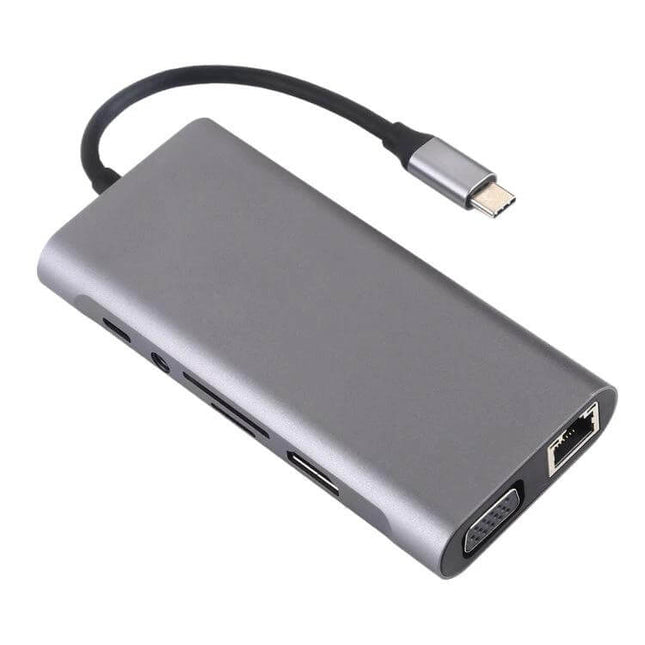 USB-C Hub with Multiple Ports for Device Connectivity Expansion - slim gray hub with HDMI, VGA, Ethernet, SD card and USB ports