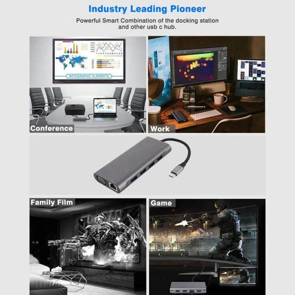 USB-C Hub with Multiple Ports for Device Connectivity Expansion shown in office, work, gaming and home entertainment setups