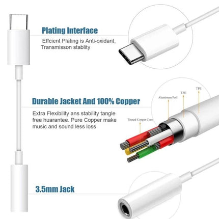 Audio Cable for Connecting Phones to Speakers in Daily Use - white Type-C to 3.5mm adapter with durable jacket and copper wires