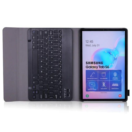 Samsung Galaxy Tab S6 10.5 Inch Bluetooth Keyboard Case with Pen Holder showing tablet in case with integrated keyboard and pen loop
