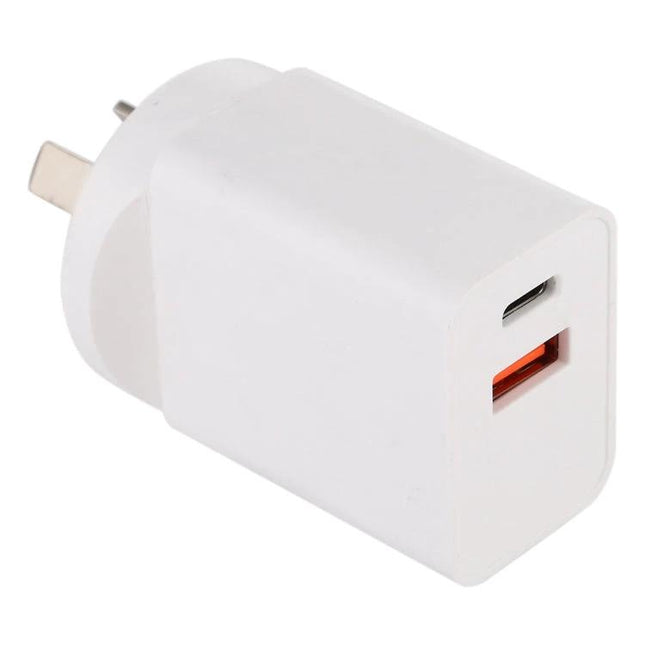 18W AU Plug Power Adapter for Travel and Daily Use compact white dual-port charger with USB-C and USB-A, AU plug for smartphones and tablets