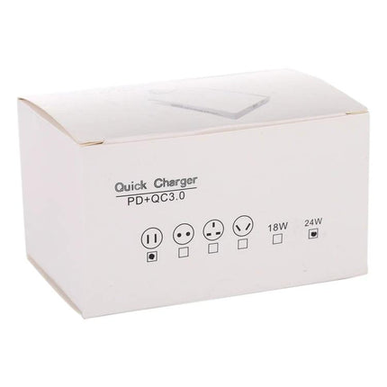24W Fast USB Charger with US Plug for Daily and Travel Use white retail box showing PD+QC3.0 and power ratings