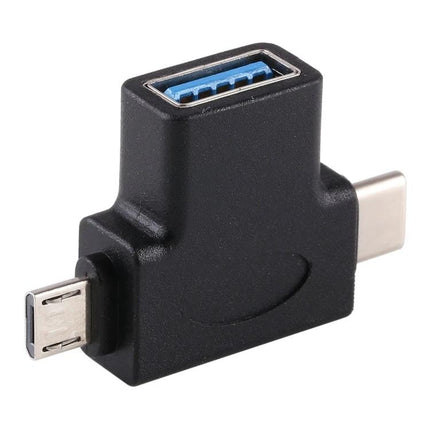OTG Adapter for Connecting USB Drives on Daily Devices - black USB-C to Micro-USB OTG adapter with USB-A port for phones and tablets