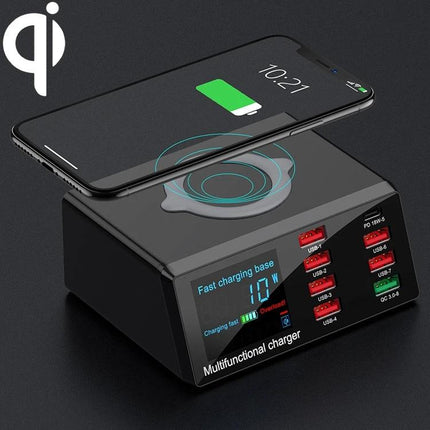 X9 Multi-Device Charger for Daily Home Power Needs — sleek black wireless pad with multiple USB ports charging phone and tablet