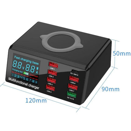 X9 Multi-Device Charger for Daily Home Power Needs black multiport charger with wireless pad, LED display and multiple USB ports