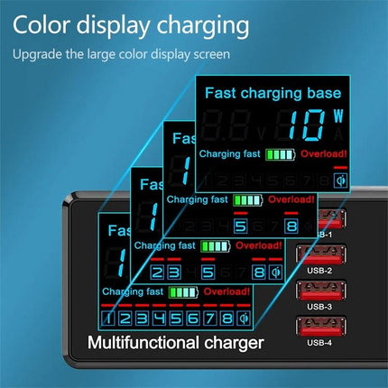 X9 Multi-Device Charger for Daily Home Power Needs showing color display charging screen with multiple USB ports and wireless pad
