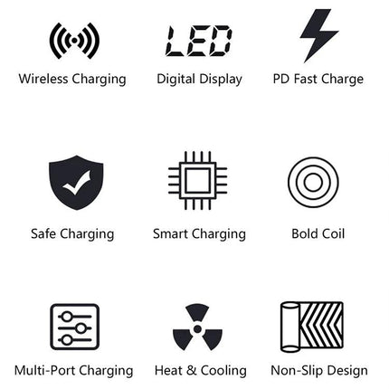 X9 Multi-Device Charger for Daily Home Power Needs — icons showing wireless charging, LED display, PD fast charge, safe/smart/multi-port charging, heat cooling, bold coil, non-slip design