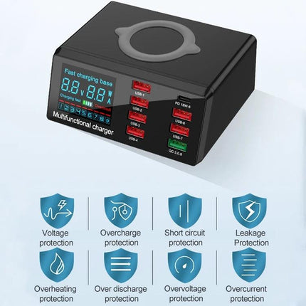 X9 Multi-Device Charger for Daily Home Power Needs - black multifunctional charger with wireless pad, multiple USB ports and protection icons