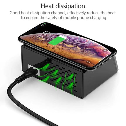 X9 Multi-Device Charger for Daily Home Power Needs showing phone wireless charging on heat-dissipation stand with USB cable connected