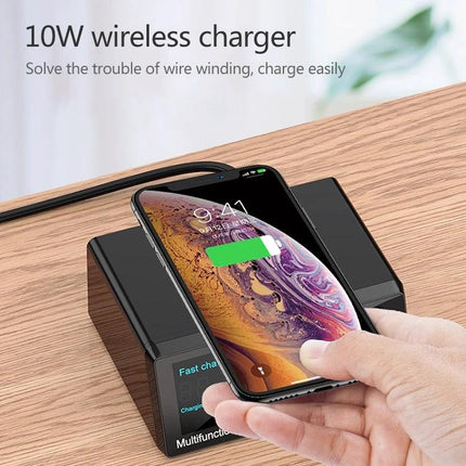 X9 Multi-Device Charger for Daily Home Power Needs showing phone on 10W wireless pad and multiple ports to power family devices