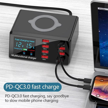 X9 Multi-Device Charger for Daily Home Power Needs – black multifunctional charging hub with wireless pad, digital display and multiple USB ports powering phone, tablet, laptop